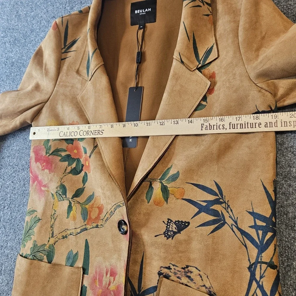 NWT Beulah Style Mid Length Faux Suede Blazer Painted Nature Botanical Size Med